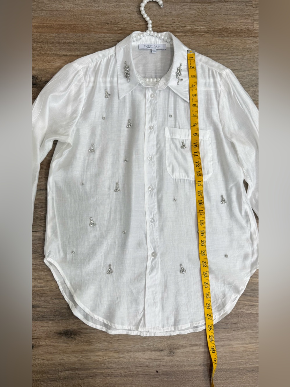Sweet Rain Rhinestone Embellished White Button Down Shirt M Jeweled Blouse - Picture 6 of 8